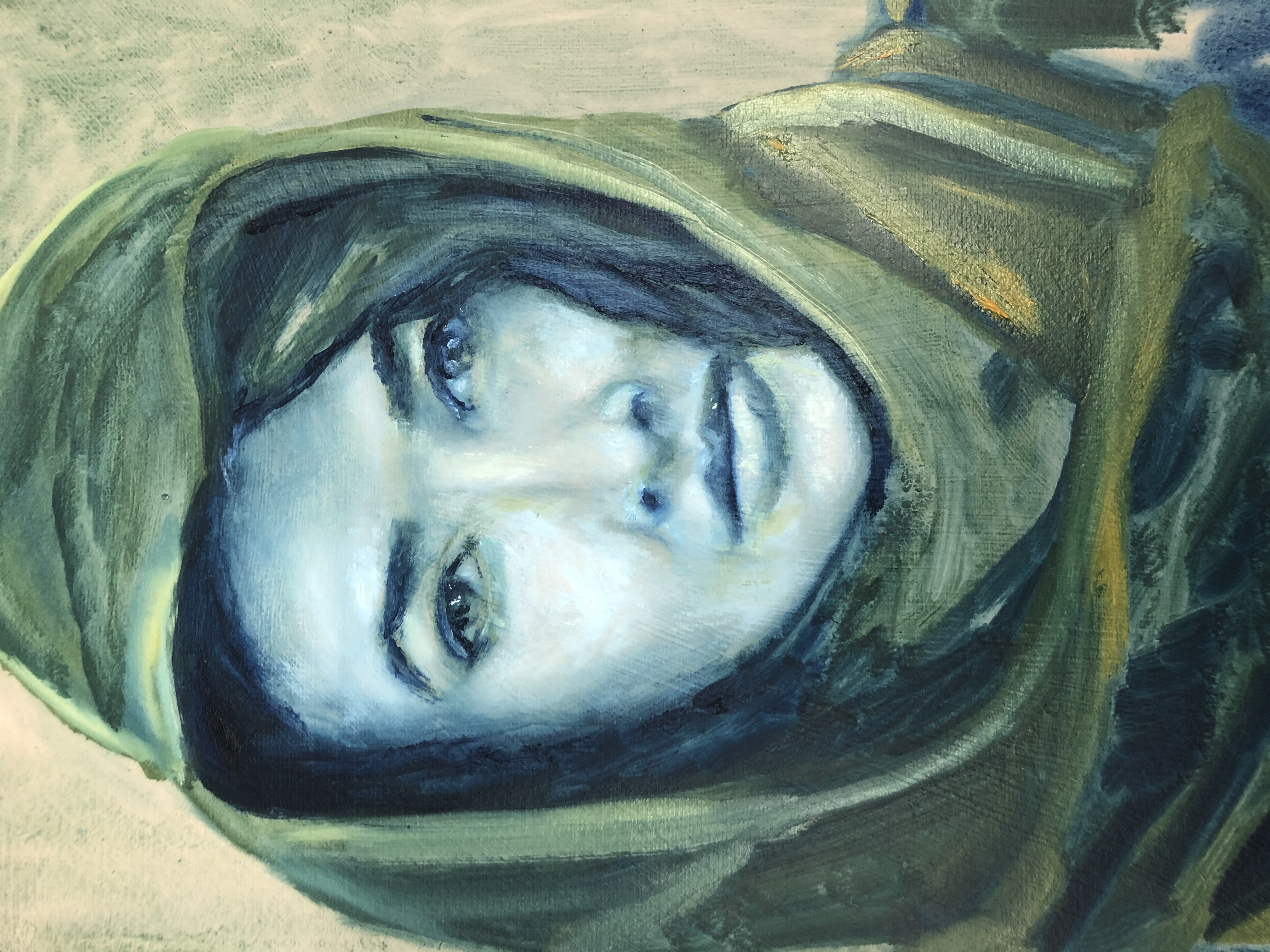 Portrait in green hood — original painting by Leat Silvera